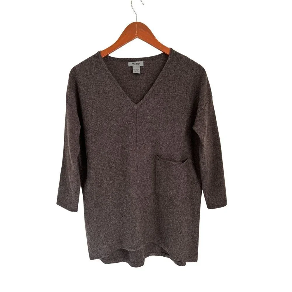 Premise Cashmere Knit Tunic 100% Cashmere V-Neck Sweater Beige Small